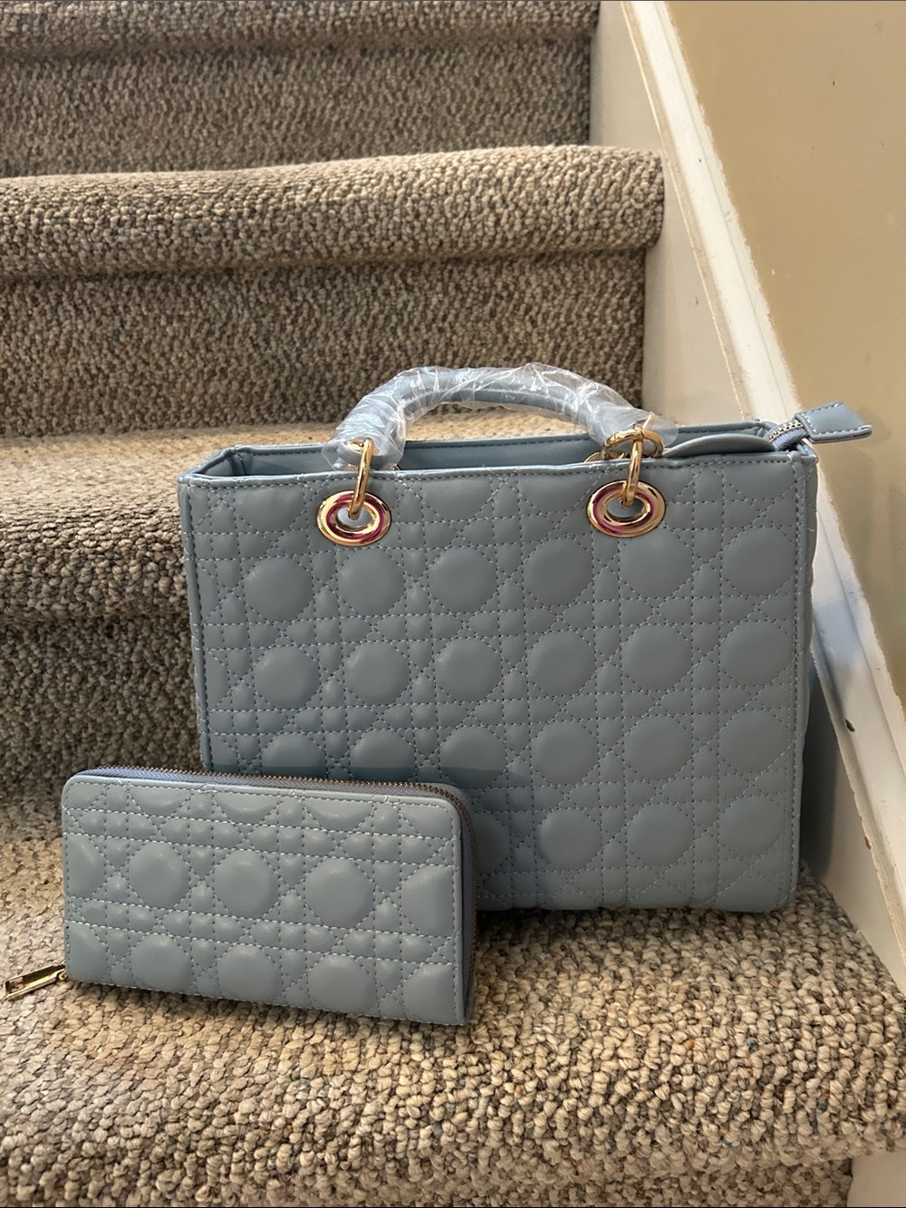 Elegant Light Blue Quilted Tote with Matching Wallet